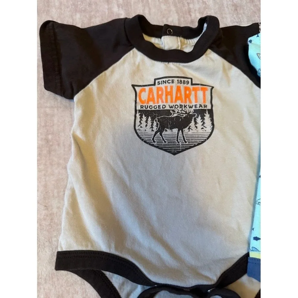 Carhartt Baby Boys 3M Bodysuit Bundle 3 Pack Fish Jeep Moose Orange Green Tan
